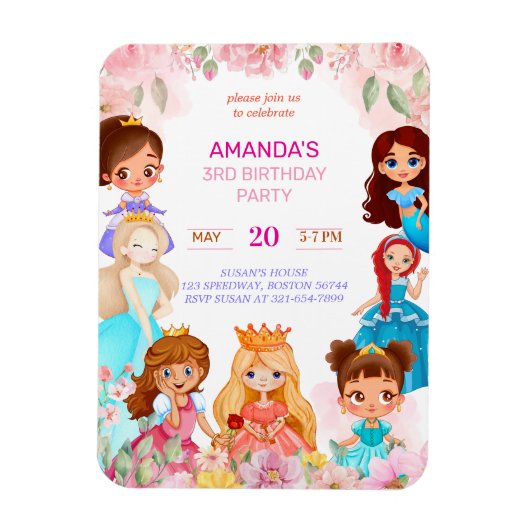 Princess Girl Birthday Party 3. Jahr Einladung Magnet (Vertikal)