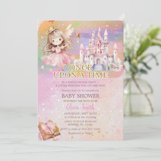 Princess Girl Blush Pink Rainbow Baby Dusche Einladung (Stehend Vorderseite)