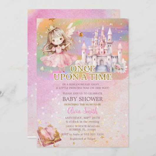 Princess Girl Blush Pink Rainbow Baby Dusche Einladung (Vorne/Hinten)