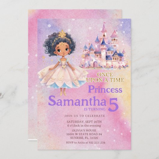 Princess Girl Castle Afrikanischer Amerikaner Gebu Einladung (Vorne/Hinten)