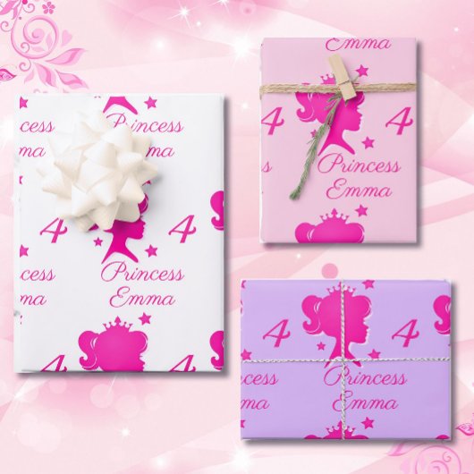 Princess Girl's Name Age Hübsch Pink Lila Geschenkpapier Set