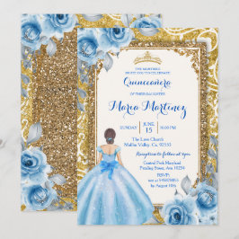 Princess Gold and Blue Rose Quinceanera Einladung