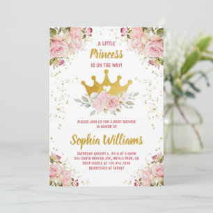 Princess Gold Crown Pink Floral Baby Dusche Einladung