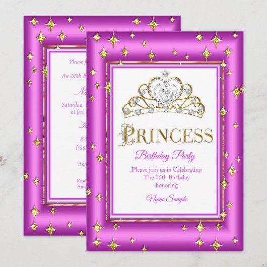 Princess Gold Lila Pink Birthday Party Einladung (Vorne/Hinten)