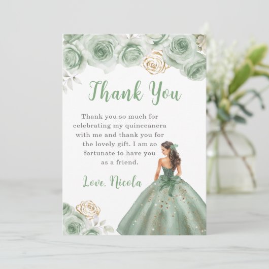 Princess in einem Sage Green Quinceanera Vielen Da Dankeskarte (Stehend Vorderseite)
