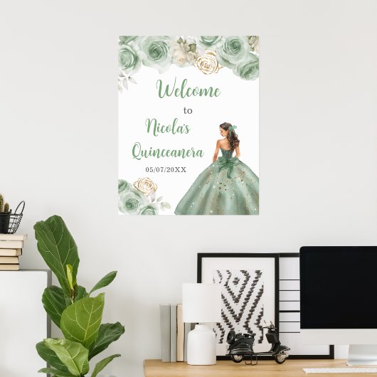Princess in Sage Green Dress Quinceanera Willkomme Poster (Heimbüro)