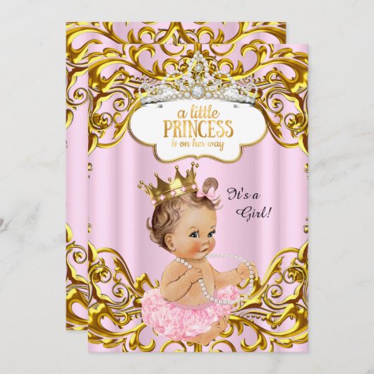 Princess ist auf dem Weg Baby Dusche Pink Brünett Einladung (Vorne/Hinten)