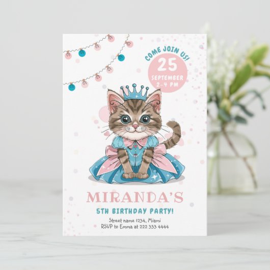 Princess Kitty Girl Birthday Party Einladung (Stehend Vorderseite)