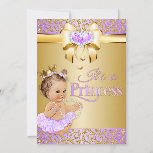 Princess Lilac & Gold Diamonds Herz Vintag Baby Einladung (Vorderseite)