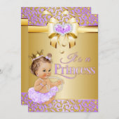 Princess Lilac & Gold Diamonds Herz Vintag Baby Einladung (Vorne/Hinten)