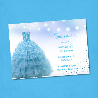 Princess Lt Blue Gown String Lights Quinceanera Einladung