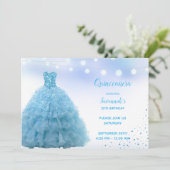 Princess Lt Blue Gown String Lights Quinceanera Einladung (Stehend Vorderseite)