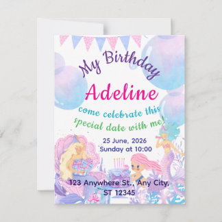 Princess & Mermaid Birthday Invitation Card