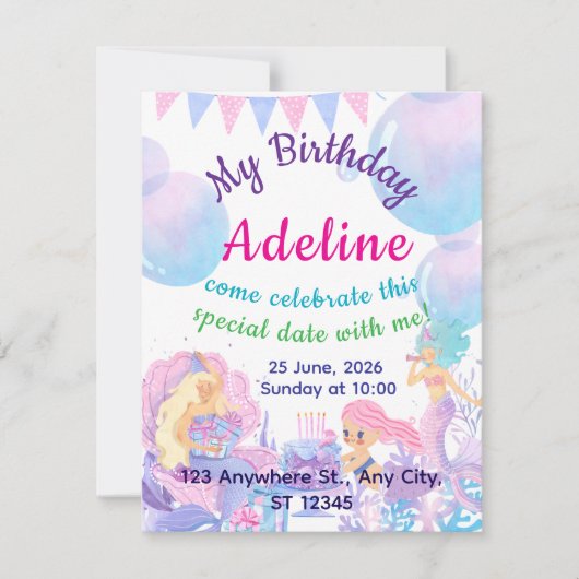 Princess & Mermaid Birthday Invitation Card (Vorderseite)