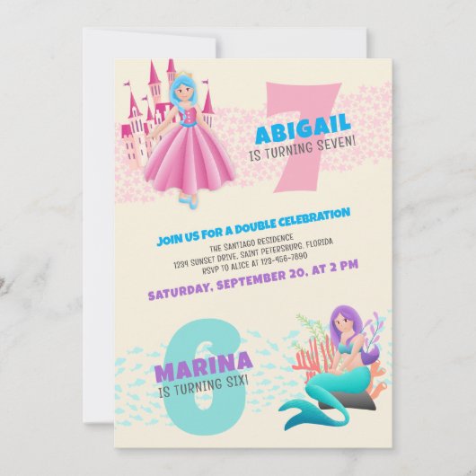 Princess Mermaid Joint Double Birthday Einladung (Vorderseite)