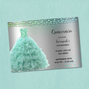 Princess Mint Green Gown String Lights Quinceanera Einladung