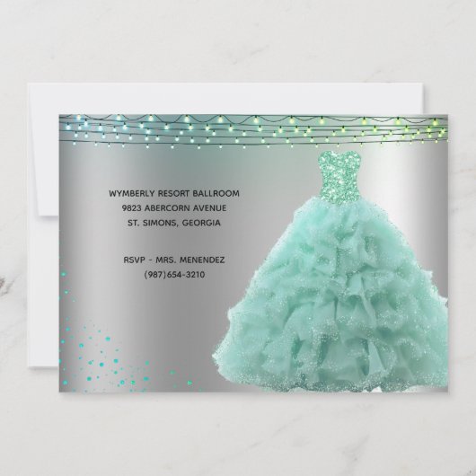 Princess Mint Green Gown String Lights Quinceanera Einladung (Rückseite)