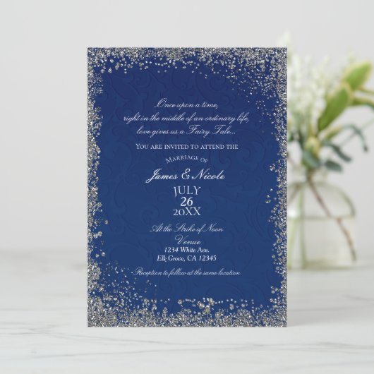 Princess Navy Blue Silver Storybook Hochzeit Einladung (Stehend Vorderseite)