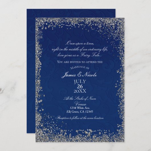 Princess Navy Blue Silver Storybook Hochzeit Einladung (Vorne/Hinten)
