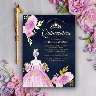 Princess Navy Quinceanera Gold, lila Blumenkleid Folieneinladung