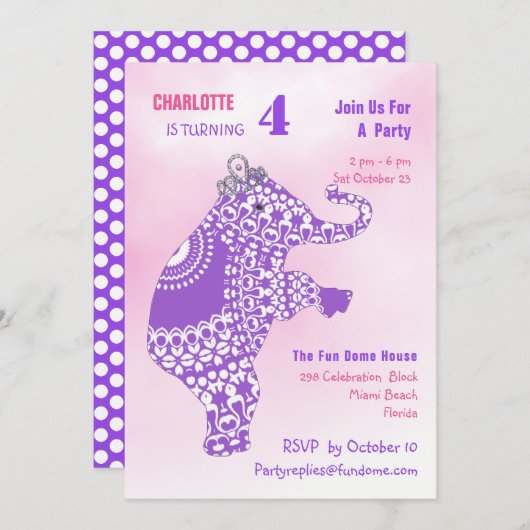 Princess Niedlich Elephant Girls Geburtstagsparty Einladung (Vorne/Hinten)