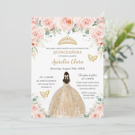 Princess of Quinceañera Blush Floral Champagne Einladung (Stehend Vorderseite)