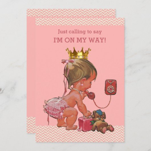 Princess on Phone Baby Shower Chevrons Pink Einladung (Vorne/Hinten)
