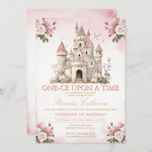 Princess ONE-CE Upon a time 1st birthday Castle Einladung (Vorne/Hinten)