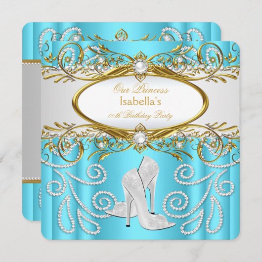 Princess Party Aquamarin Gold Weiße Perle Hohe Hee Einladung (Vorne/Hinten)