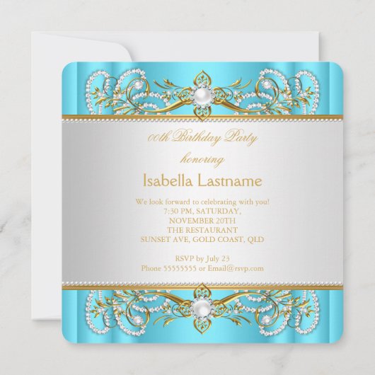 Princess Party Aquamarin Gold Weiße Perle Hohe Hee Einladung (Rückseite)
