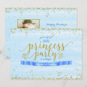 Princess Party Gold & Blue Foto Einladungen