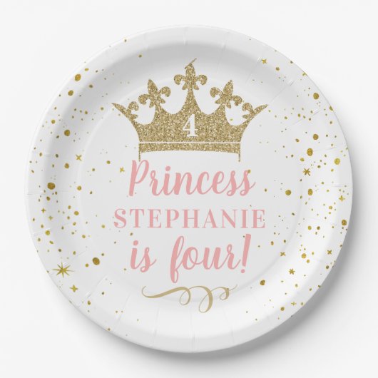 Princess Party Gold Crown Confetti Pink Pappteller (Vorderseite)