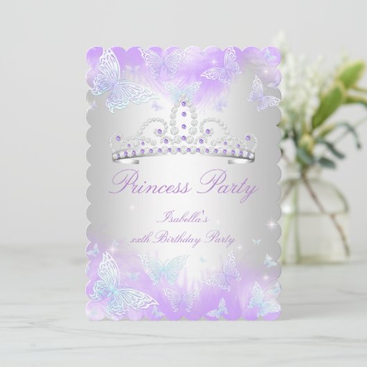 Princess Party Lila Aquamarin Blue Tiara Butterfly Einladung (Stehend Vorderseite)