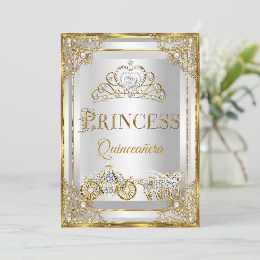 Princess Pearl Gold White Quinceanera Einladung (Stehend Vorderseite)