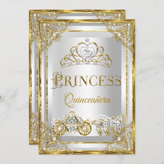 Princess Pearl Gold White Quinceanera Einladung (Vorne/Hinten)