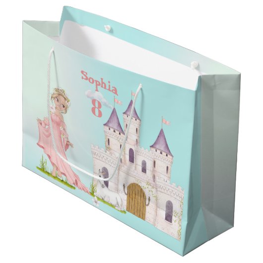 Princess Pink Blue Castle Niedliche Geburtstag Große Geschenktüte (Vorderseite Schrägansicht)