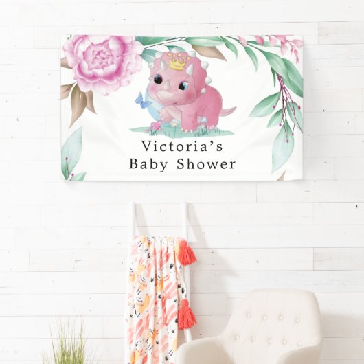 Princess Pink Dinosaur Peony Baby Showbanner Banner (Insitu)