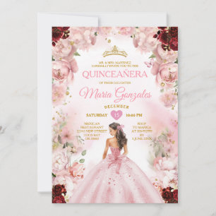 Princess Pink Dress Burgundy Floral Quinceañera Einladung