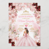 Princess Pink Dress Burgundy Floral Quinceañera Einladung (Vorne/Hinten)