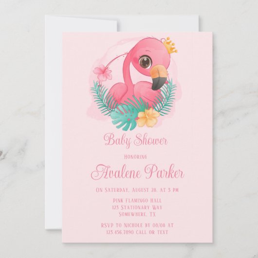 Princess Pink Flamingo Girl Babydusche Einladung (Vorderseite)