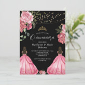 Princess Pink Floral Twins Quinceañera Einladung (Stehend Vorderseite)