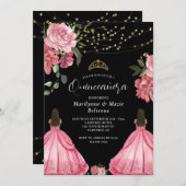 Princess Pink Floral Twins Quinceañera Einladung (Vorne/Hinten)