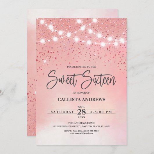 Princess Pink Glitzer Glitzern Lights Sweet 16 Einladung (Vorne/Hinten)