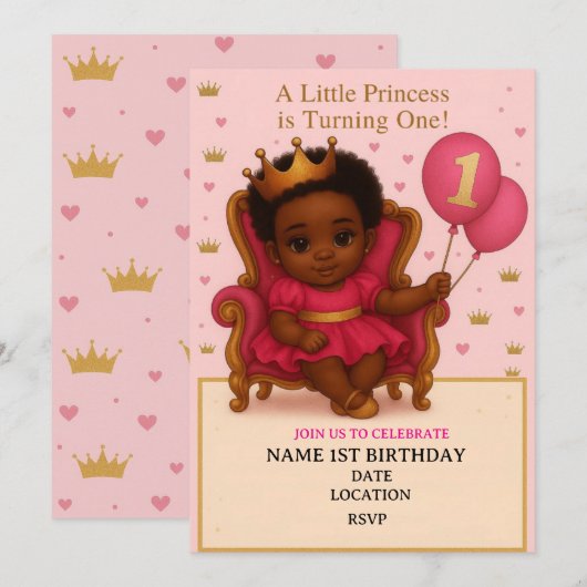 Princess Pink & Gold 1st Birthday Invitation (Vorne/Hinten)