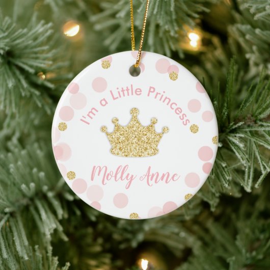 Princess Pink Gold Glitzer Crown Confetti Dots Keramik Ornament (Baum)
