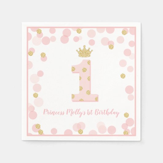 Princess Pink Gold Glitzer Crown Erster Geburtstag Serviette (Vorderseite)