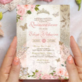 Princess Pink Gold Rose Butterfly Glam Quinceanera Einladung