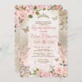 Princess Pink Gold Rose Butterfly Glam Quinceanera Einladung (Vorne/Hinten)