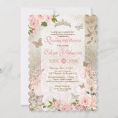 Princess Pink Gold Rose Butterfly Glam Quinceanera Einladung (Vorderseite)