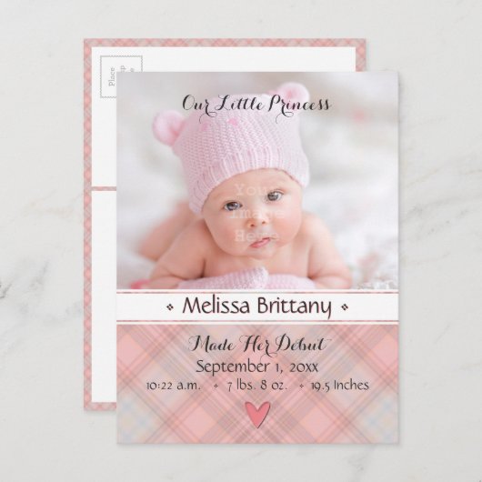 Princess Pink Kariert Baby Girl Geburtserklärung Ankündigungspostkarte (Vorne/Hinten)
